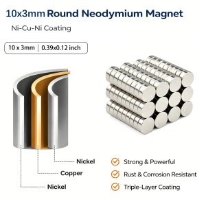 Alternative view of Nam châm Neodymium dạng đĩa D10×3mm, nam châm đất hiếm vĩnh cửu lực từ mạnh, mạ NiCuNi hiệu suất cao
